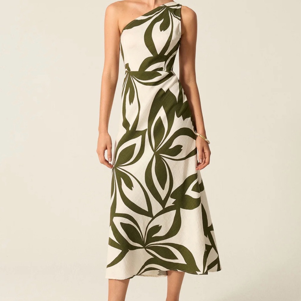 One-Shoulder Printed Midi Elegant Olive Green and White One-Shoulder Dress